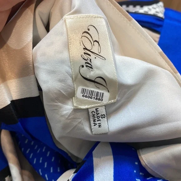 ELIZA J Blue Polka Dot Scarf Print Crepe de Chin Fit & Flare Halter Maxi Dress - Picture 12 of 12